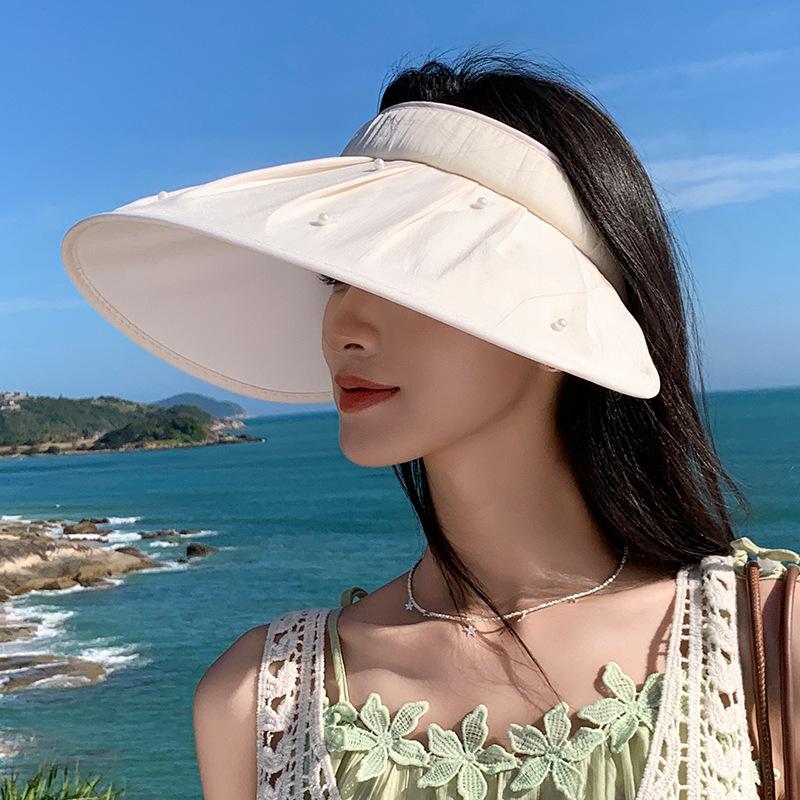Women's Summer Foldable Pearl Wide-Brim Open-Top Sun Protection Hat, Outdoor Travel UV Protection Bucket Hat