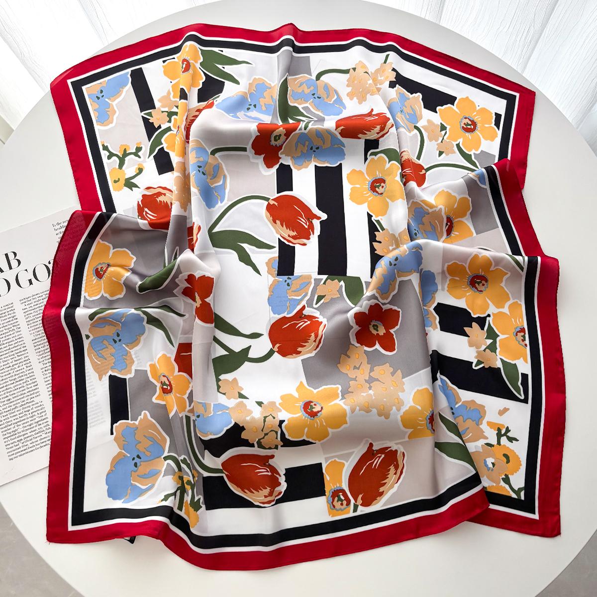 

Luxury Square Silk Scarf For Women Soft Floral Print Bandanna For Daily Hair Band Lady Female Neckerchief Hijab Ribbon