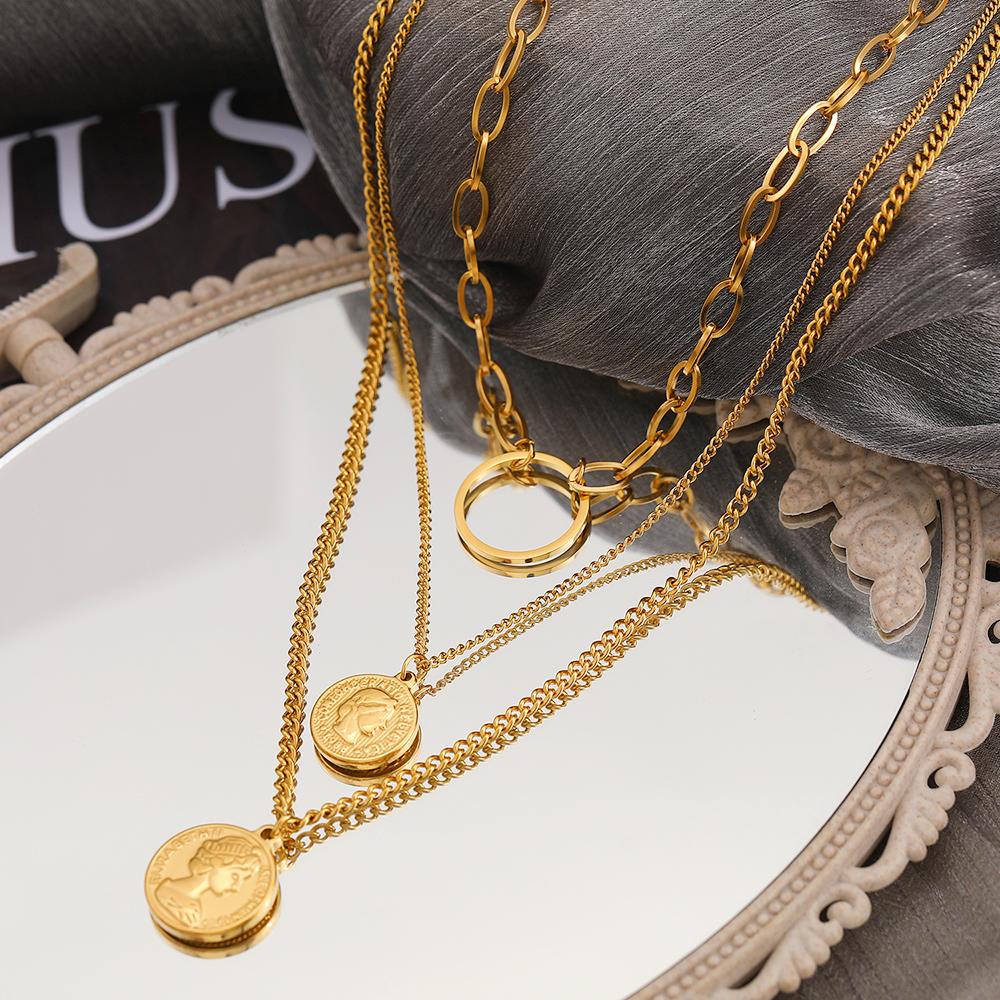 Gothic Queen's Portrait Coin Pendants Grunge Y2K Layer Chain Hip Hop Necklace Choker Stainless Steel Necklace For Women Zircon