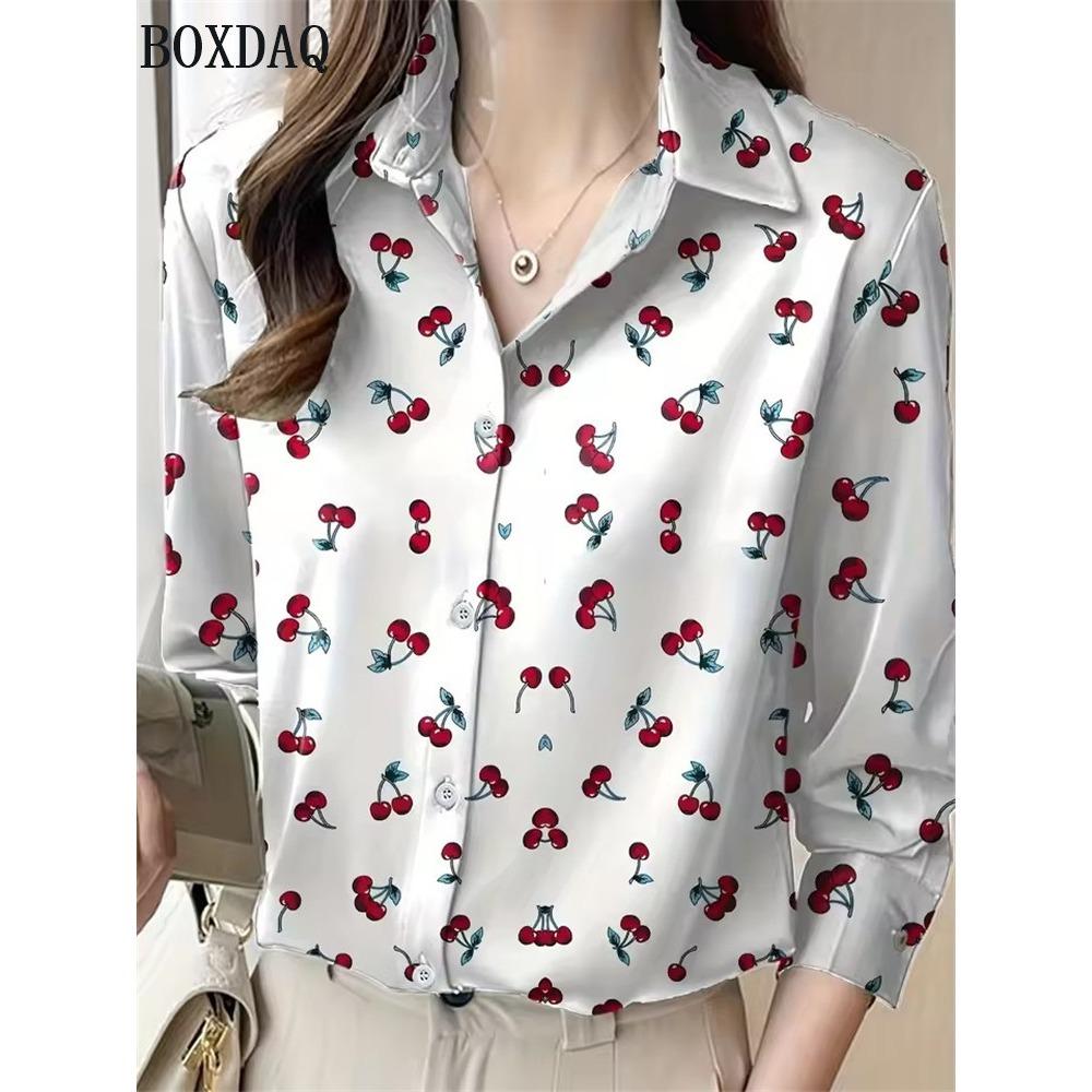 Bahar Sonbahar Kadın Uzun Kollu Gömlek Moda Zarif Kelebek Baskılı Desenli Üstler Günlük Düğmeli Bol Kadın Bluz