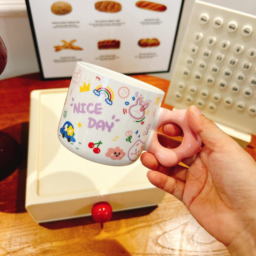 Birthday Souvenir Gift Cute Cartoon Mug Ceramic Cup Flower Handle