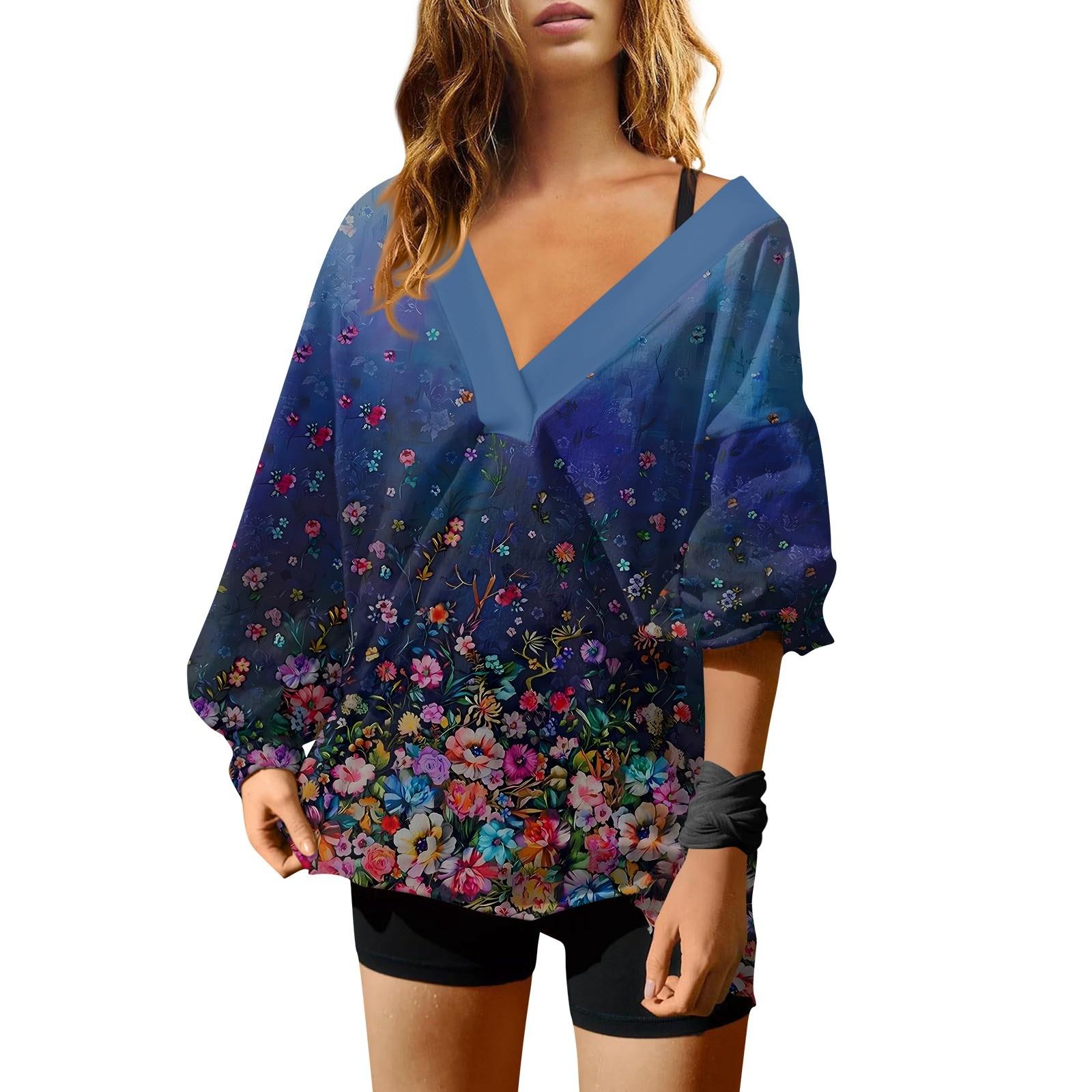 Женская мода V-образный вырез длинный рукав принтованный свободный пуловер свитшот топ — фото 10