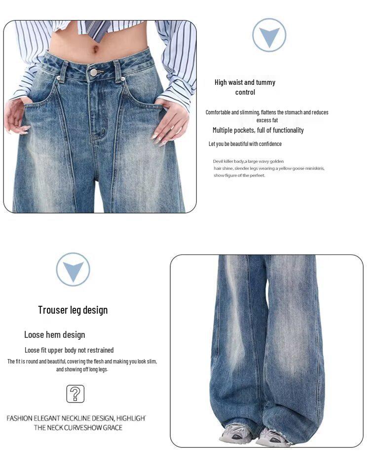 Women's Retro Blue High Waist Wide Leg Jeans - Spring Straight Floor-Length Trousers