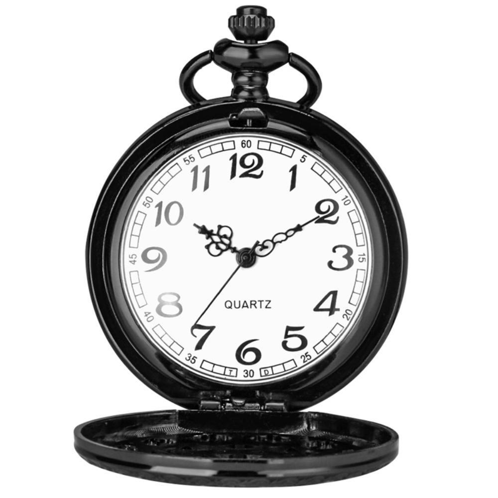 Black Hollow Vintage Quartz Pocket Watch Arabic Numerals White Dial Antique Stylish Necklace Pendant Watch Gift Men Women