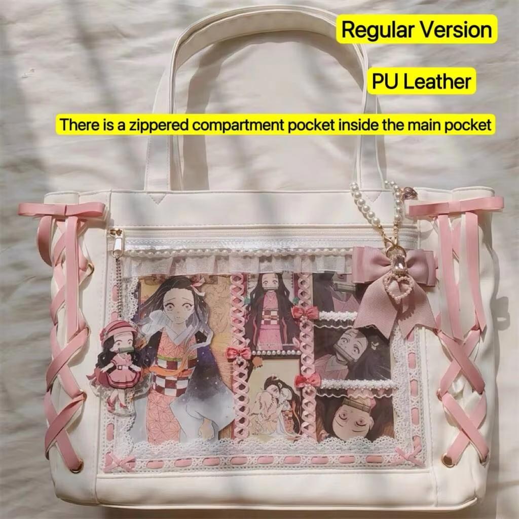 Japanese Sweet Women Ribbon Ita Bag Fashion Large Capacity Tote Bag Aesthetic Shoulder Bag Cute Lolita Girl Transparent Handbags