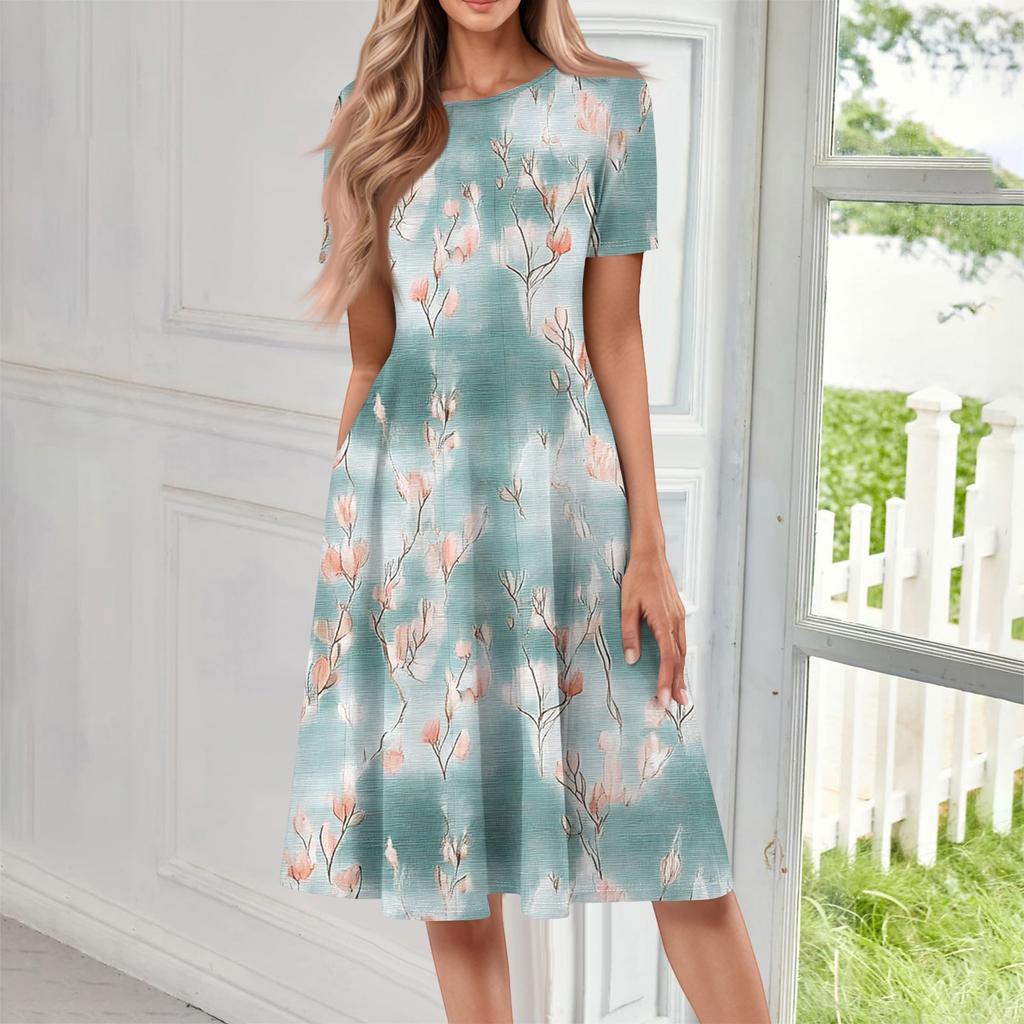 Women's Casual Fashion Round Neck Short Sleeve Print Midi Dress