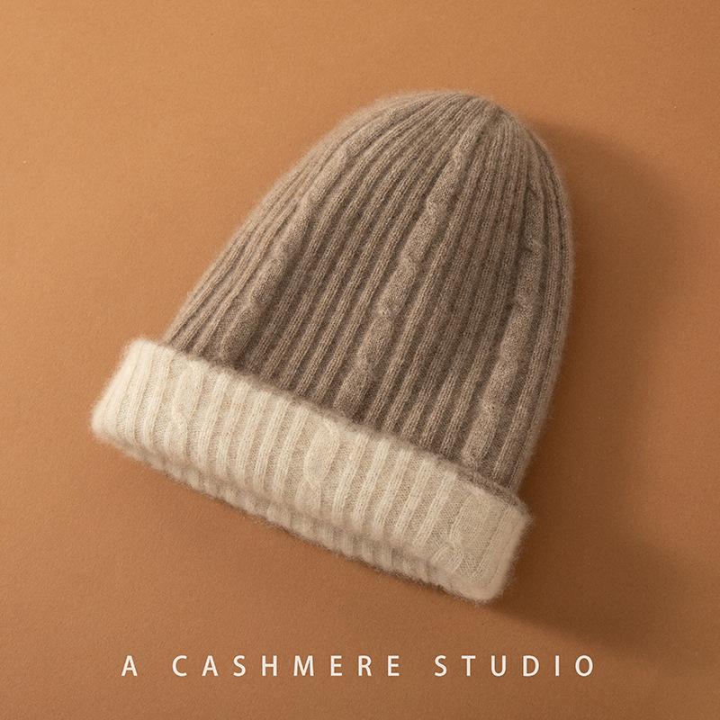 Cashmere Hat, Women's Twisted Knitted Wool, Men's Big Head Circumference, Ear Protection, Headgear, Double-layer Autumn and Winter Thickened Hat