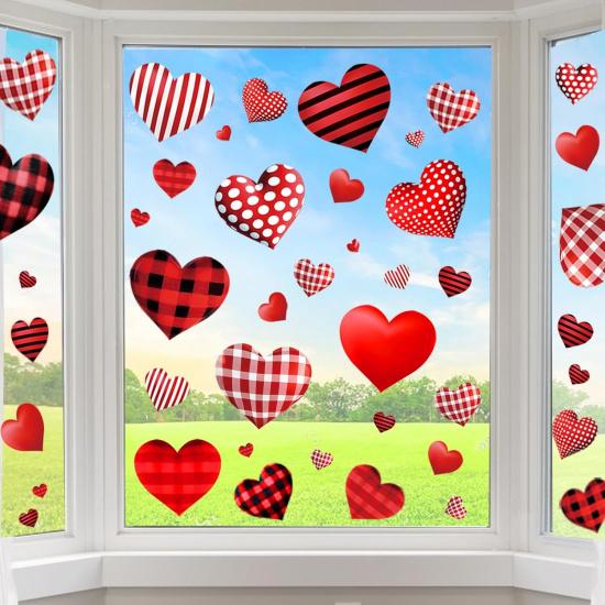 Valentines Day Decorations Window Clings, 9 Sheets Resuable Red & Pink Heart Shaped Static Window Stickers for Valentines Day Decor - Valentine s Day
