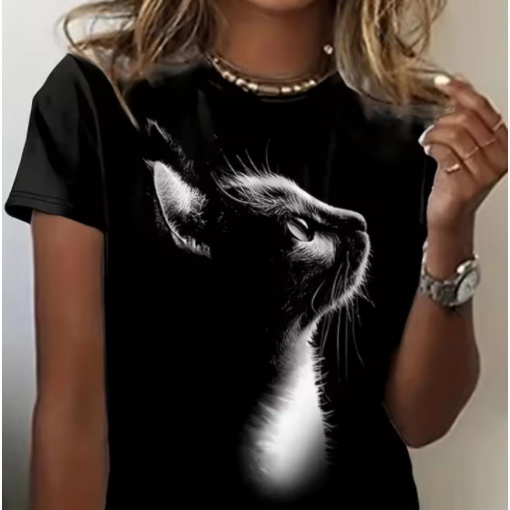 Cat Print Ladies Urban Street Fashion Lover T-shirt Summer Everyday Casual Ladies Short Sleeve Top S