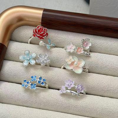 Super Fairy Flower Gradual Change Enamel Sweet Wind Opening Ring Female Niche Design Cold Wind Fashion Fold Wear Index Finger Ring