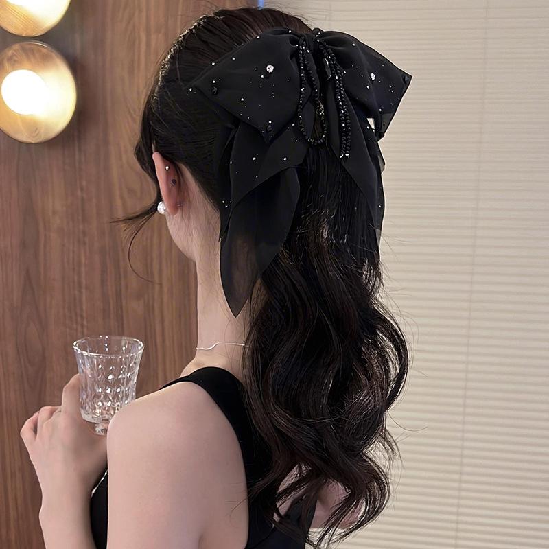 Fabric bow round bead fringed hairpin fashionable exquisite high sense grab clip temperament versatile simple headdress