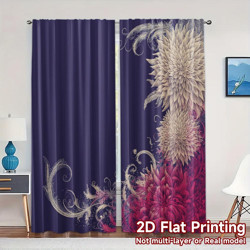 

Set Of 2 Flat Printing Curtains Without Rod Floral Moonlit Design Easter Holiday Digital Semi Curtain Light Filtering Polyester W100*H70(CM)-Hooks&1PCS