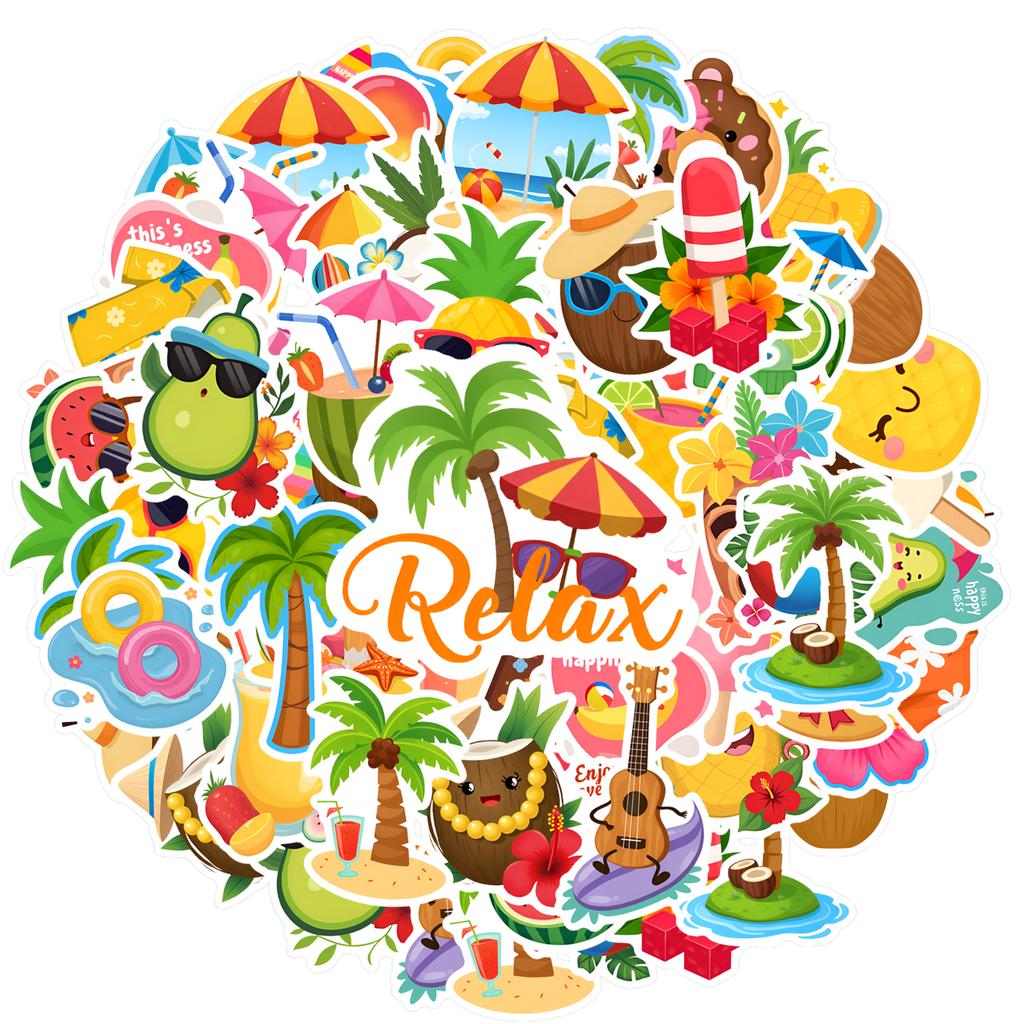 35pcs-50pcs Cartoon Tropical Stickers Playful Beach Stationery Stickers Summer Stickers For Laptop Motorcycle Luggage Phone DIY