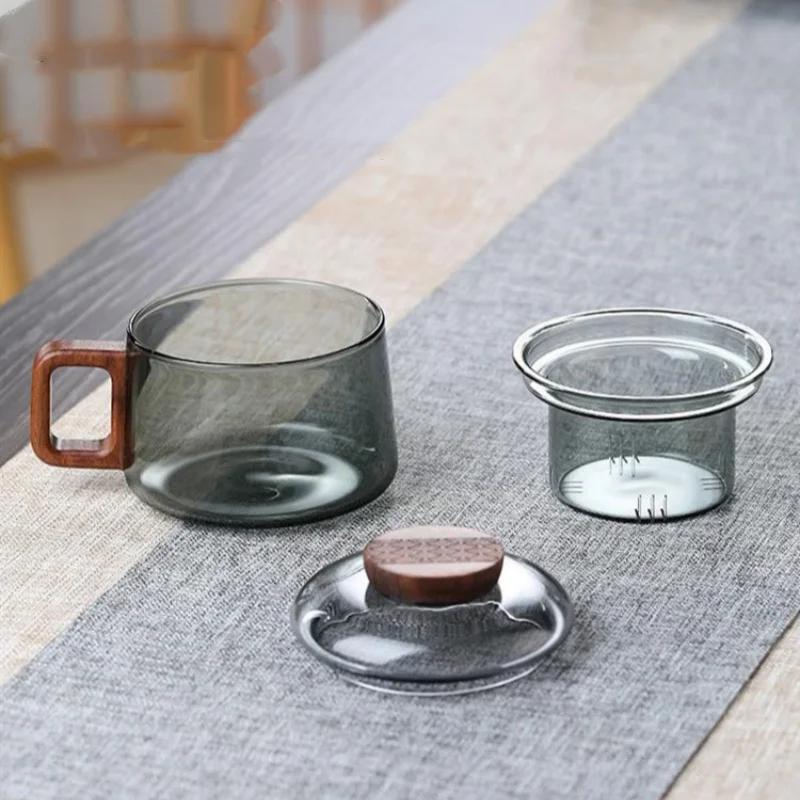 200ml Heat Resistant Glass Tea Infuser Cup with Filter and Wooden Handle Office Tea Separation Mug Flower Tea Infused Cups