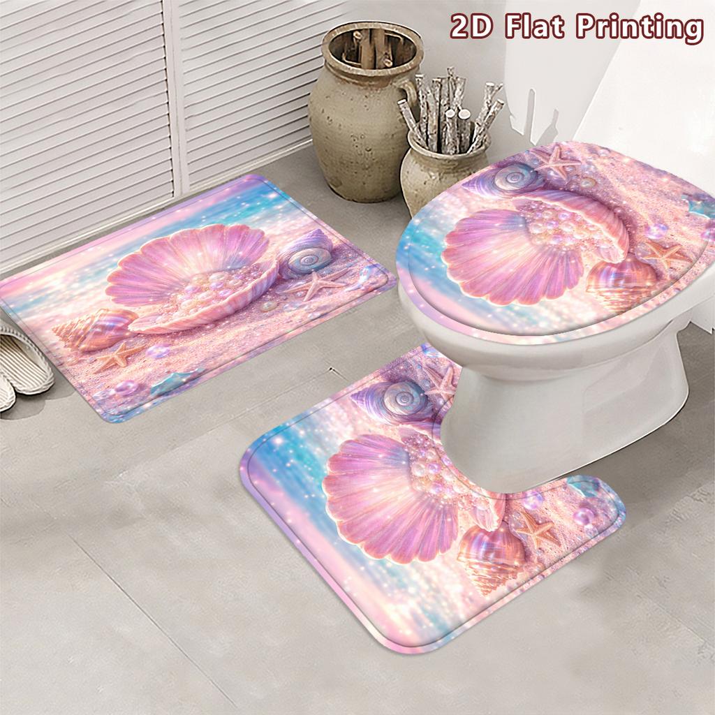 4Pcs 2D Flat Seashells and Pearls Shower Curtain Set with Non-Slip Bath Mat, Toilet Lid Cover, Contour Rug & 12 Hooks, Bathroom Decor