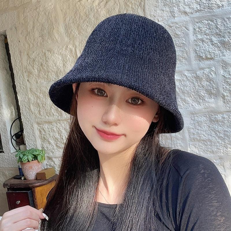 Big head circumference autumn and winter thermal hat children chenille bucket hat simple face small knitted bucket basin hat