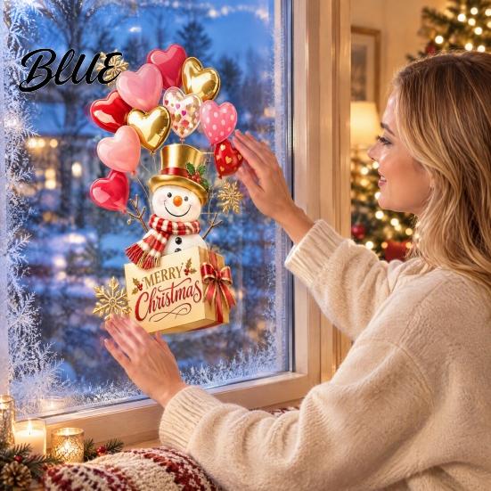 Christmas Atmosphere Decors Snowman Window Cling with Heart Shaped Balloon and Gift Box Design Removable Static Glass Sticker Home Decorations