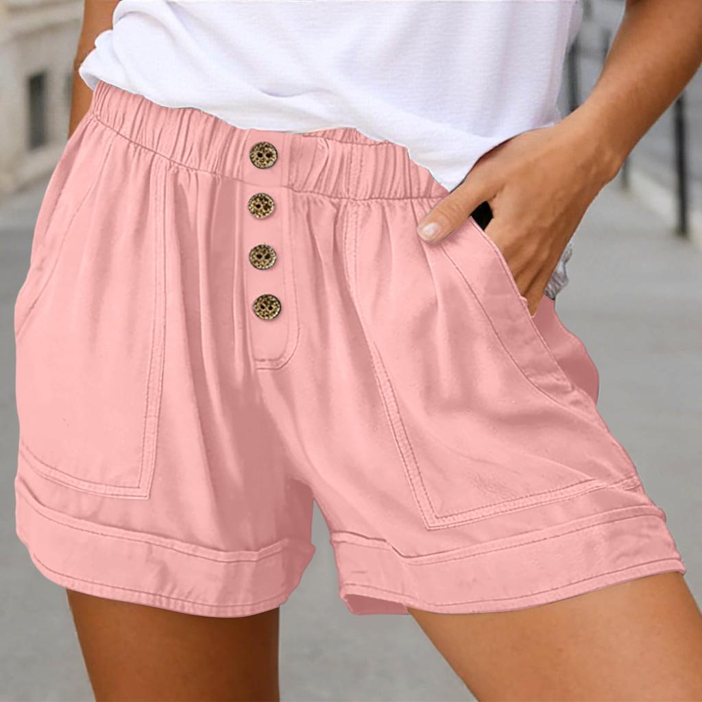 Damen Farbe Lässige Shorts Hohe Taille Mit Knöpfen Taschen Locker Weites Bein Hosen