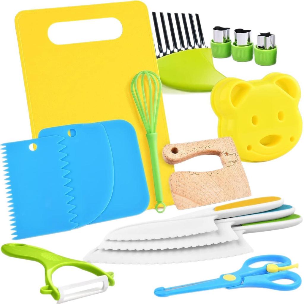 Child-Safe Plastic Cutlery Set: Baby Food Masher, Embossing Mold, and Kids' Cutting Board