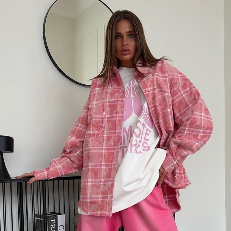 Camicia Casual Rosa a Quadri, Manica Lunga, Vestibilità Larga, Collo a Revers, per Uso Quotidiano