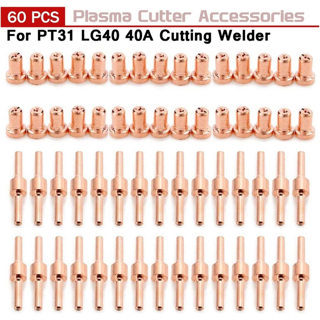 plasma cutter accessories 60pcs Red Copper Extended Long Plasma Cutter Tip Electrodes/Nozzles Kit Consumable for PT31 40A Cutting Welder Accessories