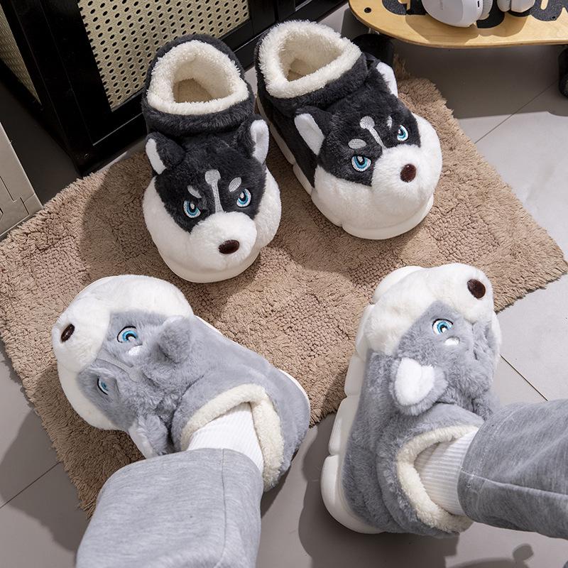 Men's Winter Cartoon Slippers - Plush Velvet, Non-Slip, Closed-Back Cotton Shoes