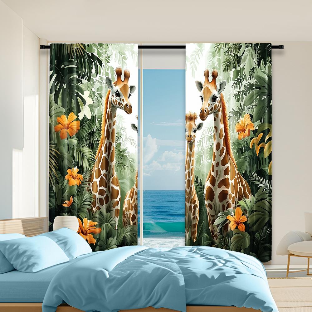 

2 pcs versatile polyester transparent curtains for home decoration Jungle Giraffe for use in bedrooms and living rooms 100*130 HOOK 1pcs