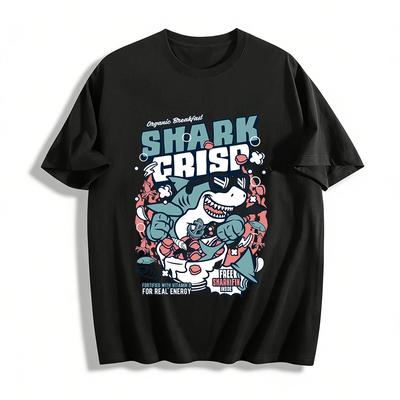Funny Shark Crisp Breakfast Print Unisex Casual Short Sleeve T-Shirt Pure Cotton T-shirt