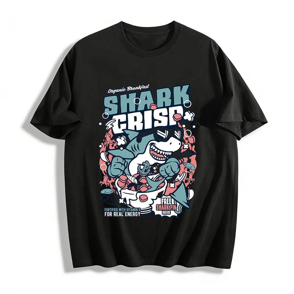 Funny Shark Crisp Breakfast Print Unisex Casual Short Sleeve T-Shirt Pure cotton T-shirt XXS