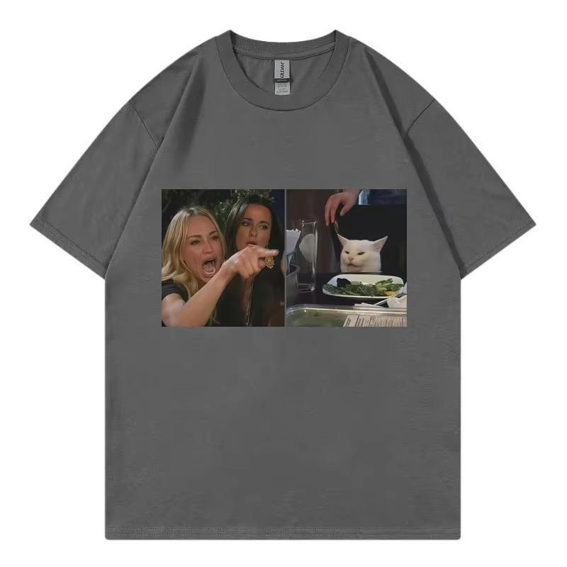Funny Woman Yelling At Cat Meme Graphic T Shirts High Quality Fashion Short Sleeve T-shirts Unisex Casual Loose Cotton T-shirt