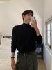 Black Men's Korean Style Half-High Neck Knit Top - Slim Fit, Drop Shoulder, Autumn/Winter Fashion
