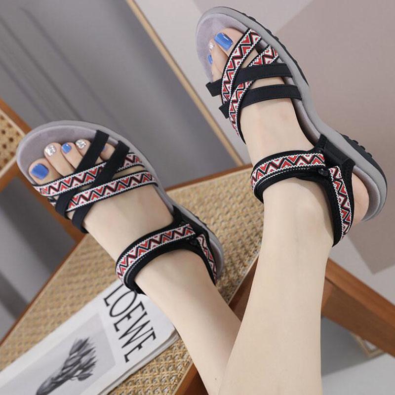 Fashion GKTINOO Women's Sandals Summer 2025 Non-Slip Print Gladiator Beach Hollow Out Open Toe Roman Shoes Woman Flat Heels Ladies