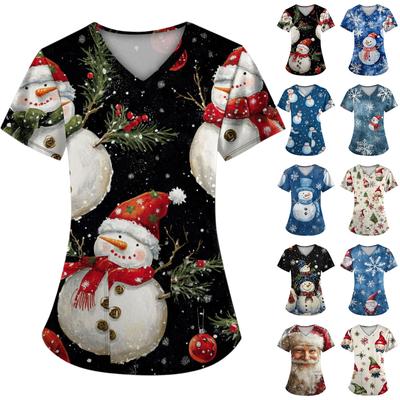 Women's Fashion V-Neck Short Sleeve With Pocket Christmas Print T-Shirt Top