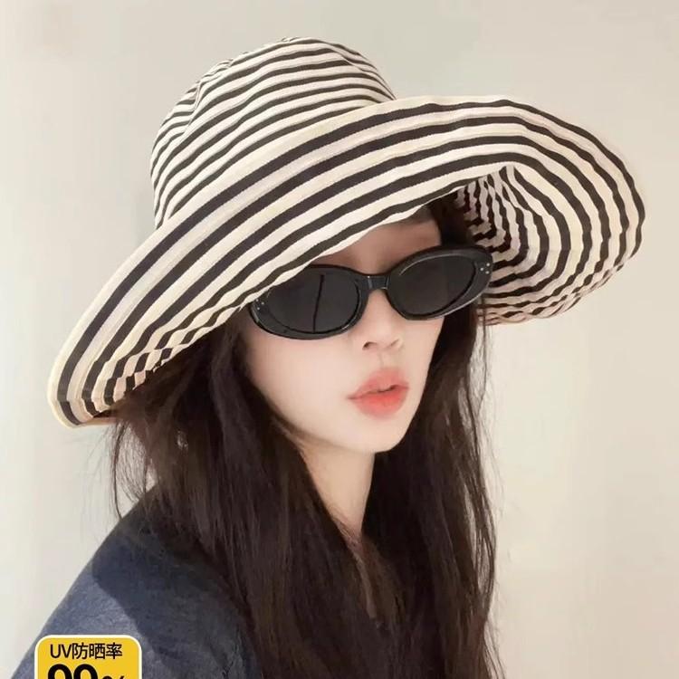 New hat sun hat sun protection UV protection female retro temperament black and white striped big brim bucket hat