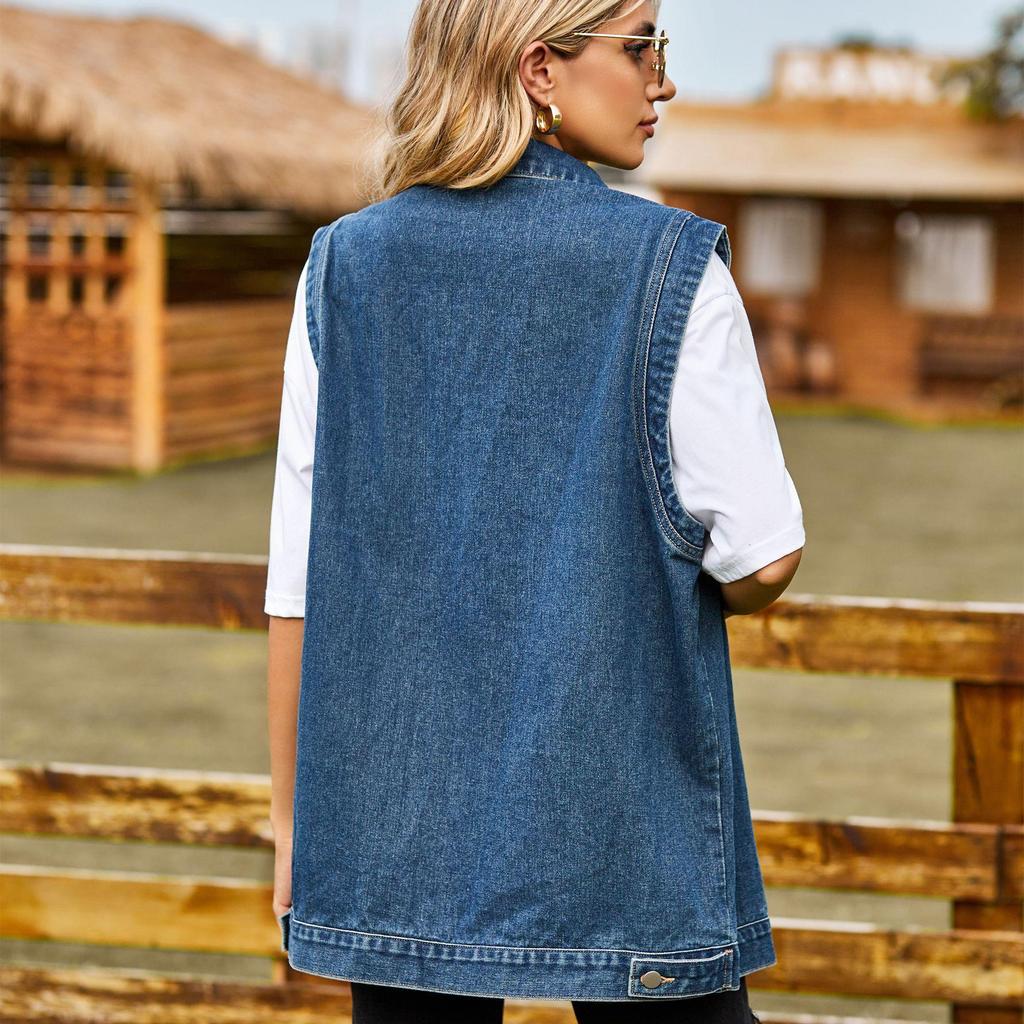 Giacca da donna alla moda in denim autunno e inverno senza maniche con collo a polo e risvolto casual