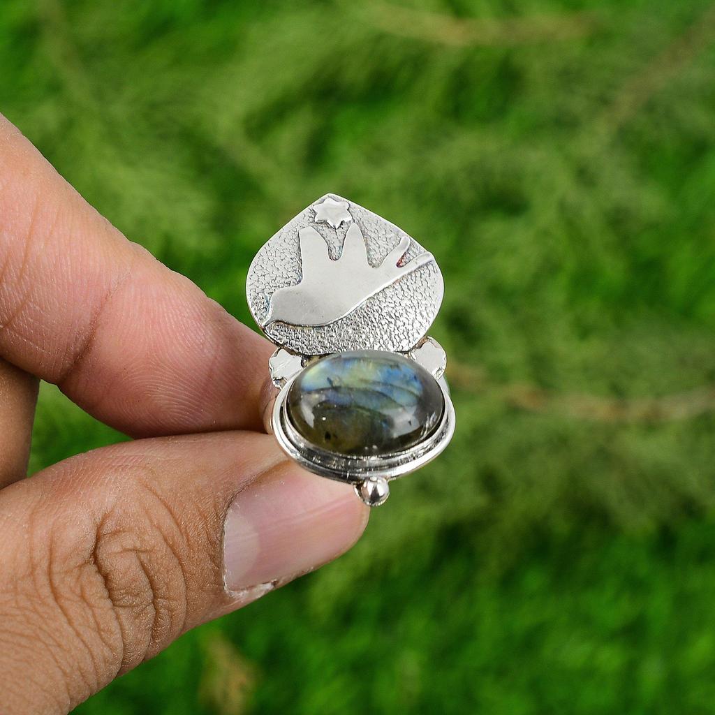 Womens day Sale 925 Silver Oval Labradorite Stone Stackable Promise Bird Ring