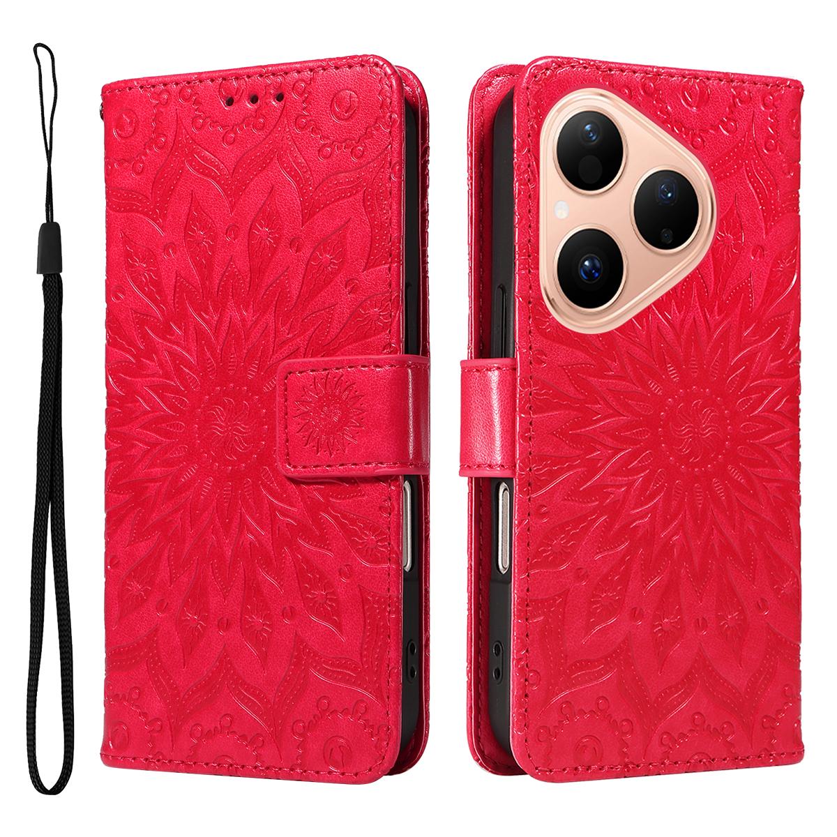 

For Huawei Pura 80 Leather Wallet Case Sunflower Imprinted Phone Cover Red