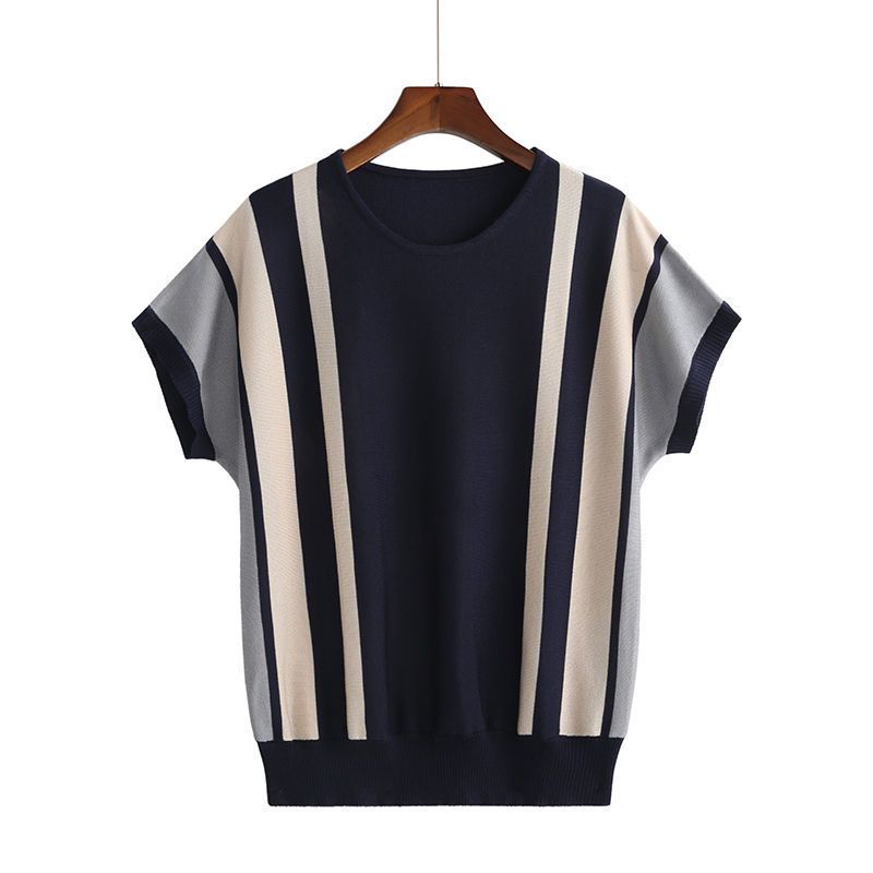 Summer Casual Striped Patchwork T-shirt Women Contrasting Colors Round Neck Commute Short Sleeve Pullovers New