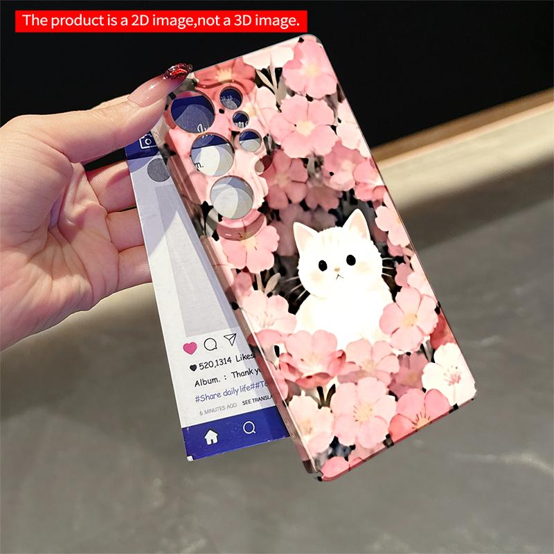 2DFlat Samsung Phone Case White Cat Among Pink Flowers Phone Case Applicable To Galaxy S23 S24 S25ULTRA S26 A12 A14 A15 A16 A54 A55