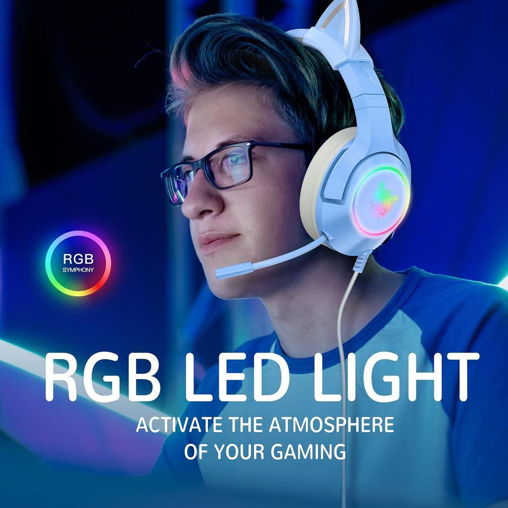 Blue Gaming Headset with Removable Cat Ears, Compatible with PC PS4 PS5 Xbox One(Adapter Not Included) Mobile Phones, with Surround Sound, RGB