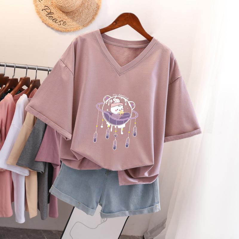 

Футболка з коротким рукавом, Вільного крою, Приталена футболка з V-подібним вирізом з принтом для жінок S темно-фіолетовий колір