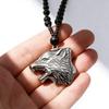 Vintage Norse Vikings Wolf Pendant Necklace With Black Glass Beads On a Long Chain Punk Lucky Charm Animal Jewelry