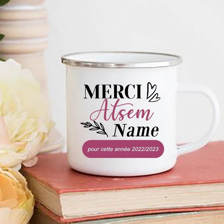 Personalisierte Tassen Kreative Kaffeetassen Trinkwasserbecher Emaille-Tasse Schule Zuhause Henkel Trinkgeschirr Geschenk für Lehrer ATSEM AESH AVS