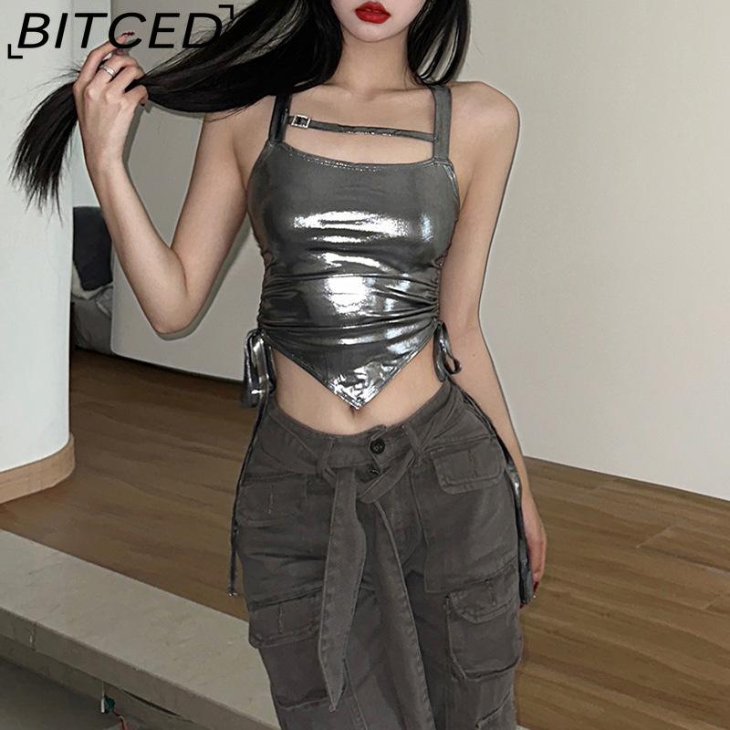 BITCED Spring/Summer Women's Solid-Colour Slim-Fit Fashion Strappy Drape-Detail Sexy Backless Tank Top