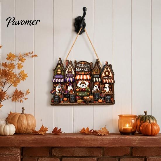 Festive Castle Pattern Plaque Halloween Wooden House Hanging Pendant with Hemp Rope for Wall Door Trick or Treat Party Props Decoration, Haunted