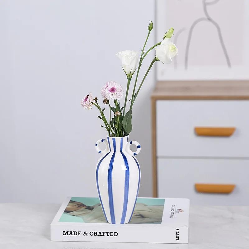 European Style Ceramic Amphora Striped Vase Hydroponic Flower Arrangement Container Living Room Dining Table Floral Vase Gifts
