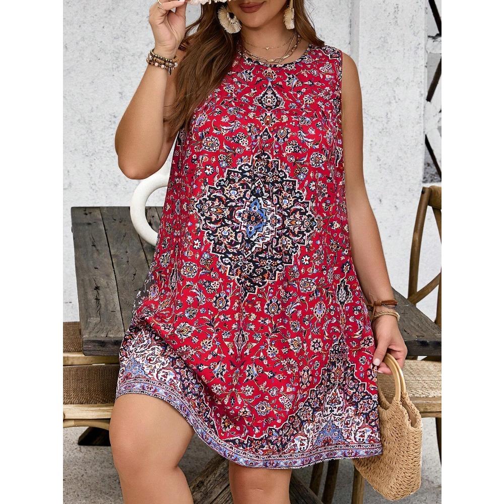 Summer Fashionable Ladies Breathable Soft Flowers O-Neck Sleeveless Dress Loose Comfortable Large Size Vacation Versatile Casual Dress