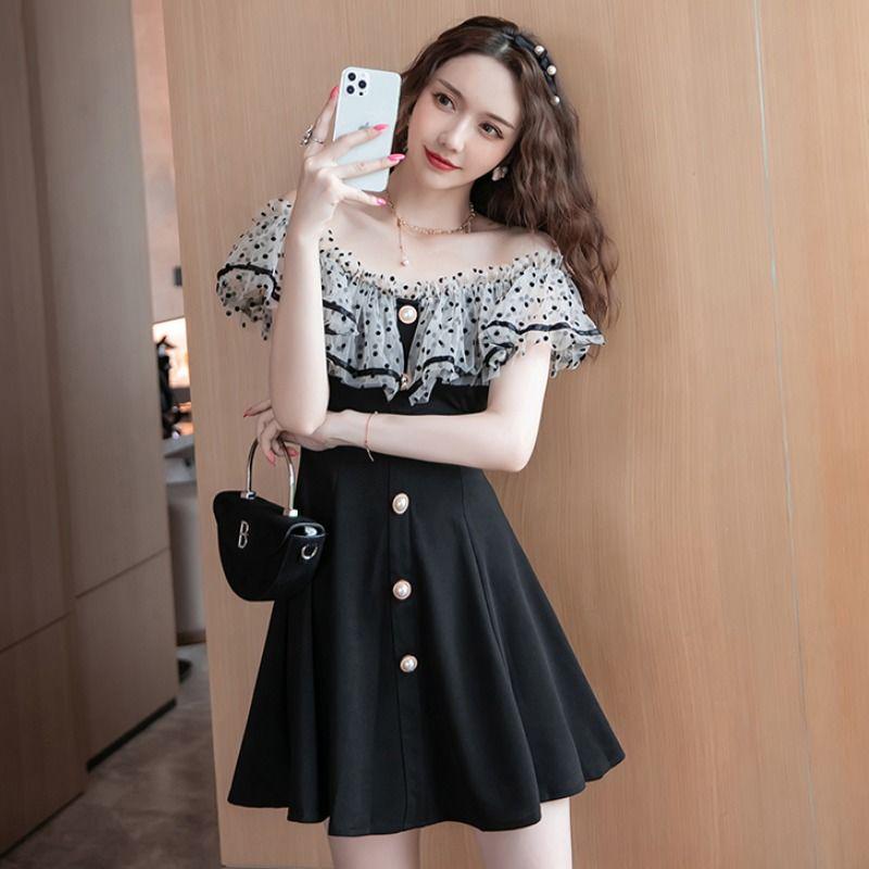 Black Mesh Patchwork One-Shoulder Slimming Little Black Dress 2026 Large