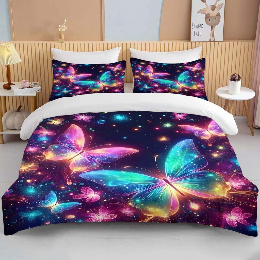 Neon Romantic Butterfly Roses Print Bedding Set Duvet Cover 1 Duvet Cover 2 Pillowcases Adult and Children Bedding Set Luxury