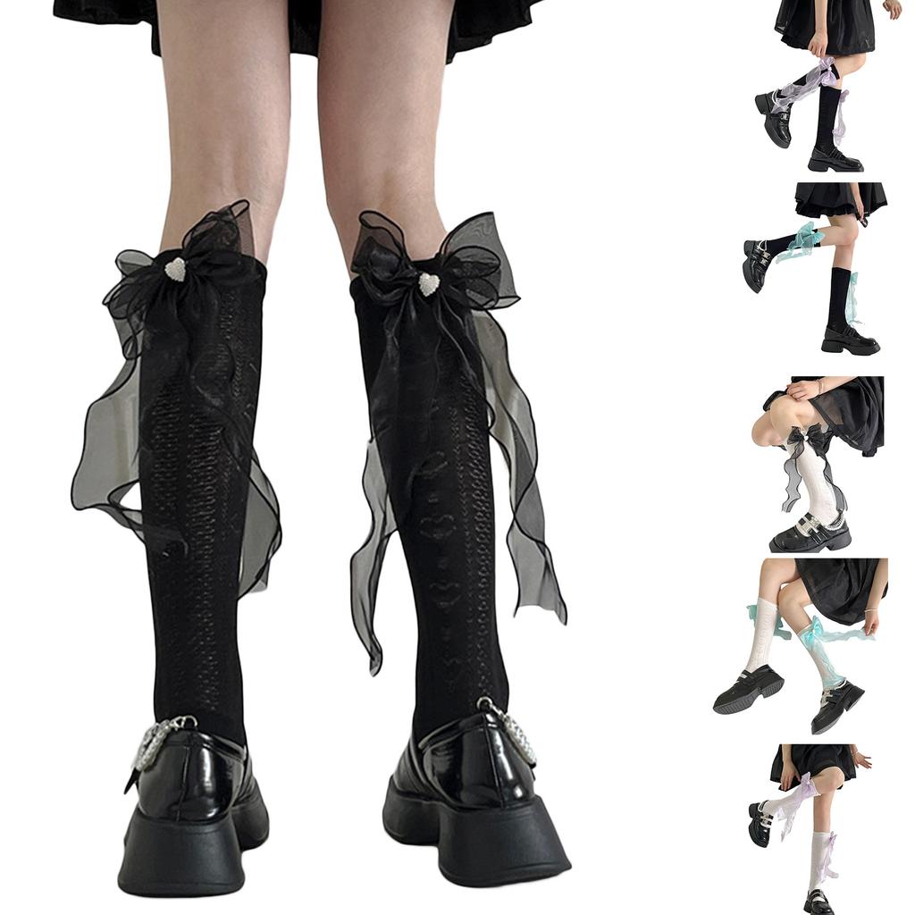 Womens Knee Length Sock Ribbon Bows Tie Stocking Hollows Lacy Bows Tie Long Fishnet Mesh Ballet Style Sock for Summer